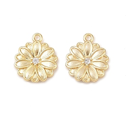 Настоящее золото 18K Латунные микропаве прозрачные кубические циркониевые подвески, цветок, долговечный, без кадмия и без свинца, стойки покрытие, реальный 18 k позолоченный, 12x10x2 мм, отверстие : 1.1 мм