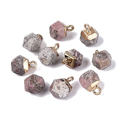 Rhodonite Natural Rhodonite Pendants, Polygon Charms, with Golden Tone Brass Loops, 11.5~14x7~9.5x7~9.5mm, Hole: 1.6~1.8mm