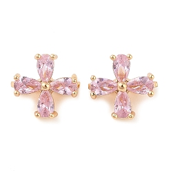 Pink Проставки из латуни и кубического циркония, 4-лепестков цветка, золотые, розовые, 11x12x2.5 мм, отверстие : 1.5 мм