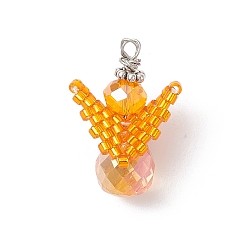 Оранжевый Стеклянные подвески, ангел, со стеклянным бисером и медной проволокой, граненые, оранжевые, 22.5x15x11 мм, отверстие : 1.6 мм