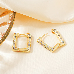 Rectangle Серьги-кольца из латуни с прозрачным кубическим цирконием, золотые, прямоугольные, 22x18 мм
