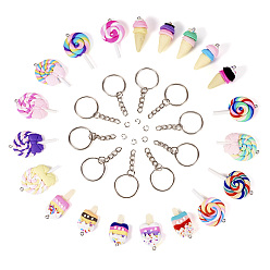 (52) Непрозрачная лаванда Наборы для ключей, с ручной полимерной глины подвески, с железным винтом с проушиной, с металлическими кольцами для ключей, мороженое, леденец и мороженое, разноцветные, 48~56x27~29x7~10 мм, отверстие : 2 мм