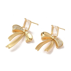 Real 18K Gold Plated Brass Micro Pave Cubic Zirconia Earrings, Bowknot, Real 18K Gold Plated, 40.5x25.5mm