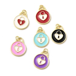 (52) Непрозрачная лаванда Латунь эмаль подвески, плоский круглый с подвесками-замками, реальный 18 k позолоченный, с целью перехода в кольце, без свинца и без кадмия, долговечный, стойки покрытие, разноцветные, 19x15x2 мм, отверстие : 3.4 мм
