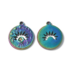 Rainbow Color Ion Plating(IP) 304 Stainless Steel Pendant Rhinestone Settings, Flat Round with Eye Charms, Rainbow Color, 21x19x2mm, Hole: 1.8mm, Fit for 1.8mm Rhinestone