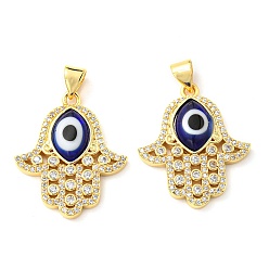 Marine Blue Brass Cubic Zirconia Pendants, with Lampwork, Real 18K Gold Plated, Hamsa Charm, Marine Blue, 24x20.5x4mm, Hole: 5x3.5mm