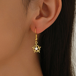 Снежинка Латунь болтаться серьги, с четким кубического циркония, золотые, снежинка, 30.7x11.9 мм