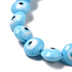 Light Sky Blue Handmade Evil Eye Lampwork Beads Strands, Flat Round, Light Sky Blue, 12.5x7.5mm, Hole: 1.6mm, about 33pcs/strand, 15.12''(38.4cm)