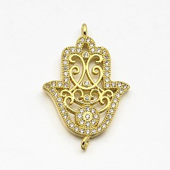 Золотой Cz латунь микро проложить aaa кубический zirconia hamsa рука / рука fatima / рука miriam ссылки, без свинца, без никеля и без кадмия, долговечный, золотые, 25x17x2 мм, отверстие : 1 мм