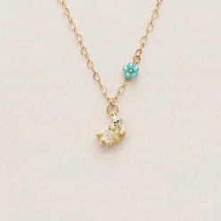 Marrón arenoso 304 Collares de acero inoxidable esmaltado con forma de gato adorable y colgante de flor para mujer, dorado, arena marrón, 15.75 pulgada (40 cm), cat: 16x15x9 mm