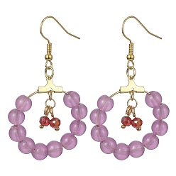 Plum Imitation Jade Glass Beaded Ring Dangle Earrings, Golden Iron Wire Wrap Long Drop Earrings, Plum, 53.5x30mm