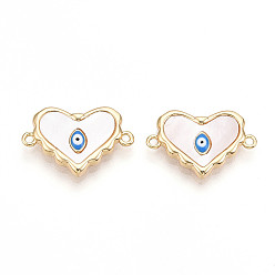 Настоящее золото 18K Подвески-соединители в форме сердца из натуральной латуни с паве, без кадмия, без никеля и без свинца, доджер синяя эмаль злые глазные ссылки, реальный 18 k позолоченный, 13x19.5x3 мм, отверстие : 1.2 мм
