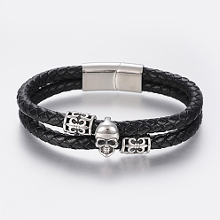 Schwarz Geflochtenes Lederband Multi-Strang-Armbänder, mit 304 Edelstahlperlen und Magnetschließen, Schädel, Schwarz, 8-5/8 Zoll (220 mm), 29x14x8 mm