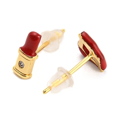 Golden Clear Cubic Zirconia Lip & Lipstick Stud Asymmetrical Earrings, Rack Plating Brass FireBrick Enamel Jewelry for Women, Long-Lasting Plated, Golden, Lip: 6x8mm, Lipstick: 8.5x3.5mm