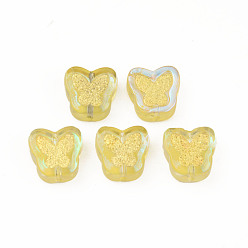 Gold Electroplate Transparent Handmade Lampwork Beads, with Golden Plated Brass Findings, Butterfly, Gold, 11x11x4mm, Hole: 1mm