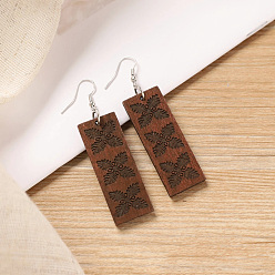 Цветок Богемные деревянные серьги-подвески, прямоугольные, платина, цветок, 52x18 мм