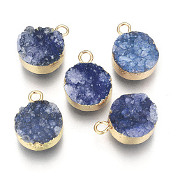 Стально-синий Естественно druzy агат подвески, с реальной 18 k позолоченной латунью, долговечный, плоско-круглые, окрашенные, стальной синий, 18~20x14x5~10 мм, отверстие : 2~3 мм