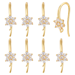 Настоящее золото 18K 12шт. латунные микрофибровые серьги-крючки с паве из кубического циркония, провод уха, без никеля , цветок, с горизонтальной петлей, прозрачные, реальный 18 k позолоченный, 18x6.5 мм, отверстие : 0.9 мм, штифты : 1 мм