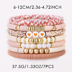 Pink 7 Набор эластичных браслетов для женщин с узором в виде сердечек из полимерной глины, пластиковых бусин и жемчуга, а также пластиковых бусин CCB., розовые, внутренний диаметр: 2.56~5.12 дюйм (6.5~13 см)