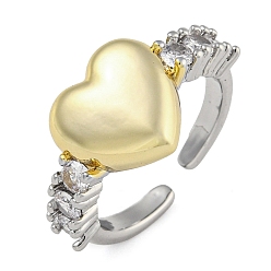 Сердце Открытые манжеты из латуни с микропаве и прозрачным фианитом, для женщин, платиной и золотом, сердце, регулируемый, Сердце: 11.5x12 mm