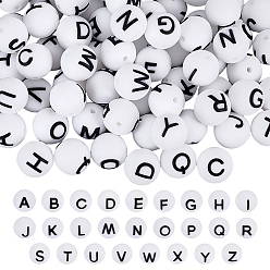 Letter A~Z 104Pcs 26 Styles Round Silicone Focal Beads, White, Letter A~Z, 15mm, 4pcs/style