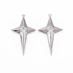 Платинированный Латунные микропаве прозрачные подвески с фианитом, без никеля , звезда, Реальная платина, 30x17.5x5.5 мм, отверстие : 1 мм