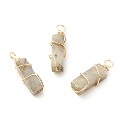 Labradorite Natural Labradorite Pendants, with Golden Tone Copper Wire Wrapped, Cuboid, 19~20x6x6mm, Hole: 2.5~3mm