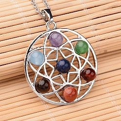 Mixed Stone Flat Round Brass Gemstone Pendants, 39x35x8mm, Hole: 5x8mm