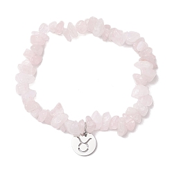 Розовый Кварц Естественно розовый кварц стрейч браслеты, с 304 подвесками из нержавеющей стали, плоский круг со знаком Тельца, внутренний диаметр: 1-7/8~2 дюйм (4.9~5.2 см)
