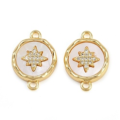 Золотой Латунный паве натуральный ракушка плоская круглая с соединителем-звездочкой подвески, с четким кубического циркония, долговечный, без кадмия и без свинца, стойки покрытие, золотые, 14x19.5x3.5 мм, отверстие : 1.6 мм