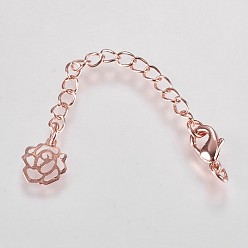 Розовый Позолоченный Удлиненный латунный удлинитель цепи, с застежками из лобстера и кончиками цветов, Настоящее розовое золото покрыто, 73x3 мм, отверстие : 2.5 мм