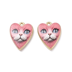 Pink Printed Alloy Pendants, Heart with Cat Face Shape Charms, Golden, Pink, 19.5x15.5x4mm, Hole: 1.6mm