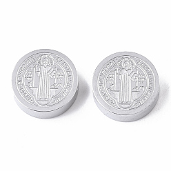 Stainless Steel Color 304 Stainless Steel Beads, Flat Round with Saint Benedict Medal, Stainless Steel Color, 7.5x3mm, Hole: 2mm