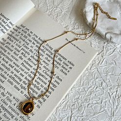 Oval 304 ожерелья с подвесками из нержавеющей стали с натуральным тигровым глазом, золотые, овальные, 15.75 дюйм (40 см)