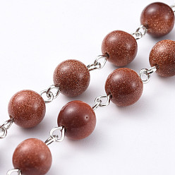 Goldstone Handmade Synthetic Goldstone Round Beaded Chains, Unwelded, with Platinum Plated Iron Eye Pins, 39.37 inch(100cm), Beads: 8~8.5mm, 1m/strand