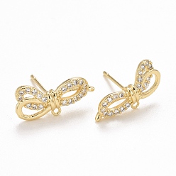 Настоящее золото 14K Фурнитура для серег из латуни с микропаве из кубического циркония, с петлей, без кадмия и без свинца, долговечный, бантом, реальный 14 k позолоченный, 9x17.5x3.5 мм, отверстие : 1 мм, штифты : 0.8 мм