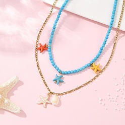 Золотой Подвеска из эмалевого сплава и окрашенной синтетической бирюзы с морской звездой и натуральной ракушкой каури 304 двухслойные ожерелья из нержавеющей стали, красочный, золотые, 16.54 дюйм (42 см) и 18.19 дюйм (46.2 см), 2 шт / комплект