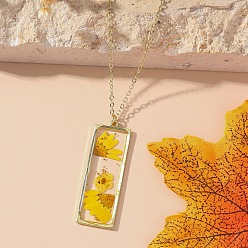 Золотистый Прямоугольник с внутренним цветком из смолы подвеска железный трос цепочка ожерелье для женщин, золотые, золотые, 17.72 дюйм (45 см)