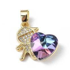 Plum Real 18K Gold Plated Rack Plating Brass Micro Pave Clear Cubic Zirconia Pendants, with Glass, Long-Lasting Plated, Cadmium Free & Lead Free, Boy with Heart Charm, Plum, 19.5x18x7.5mm, Hole: 5.5x3.5mm