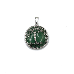 Зеленый Авантюрин Естественный зеленый авантюрин подвески, Подвески «Древо жизни» с фурнитурой из сплава с платиновым покрытием, 31x27 мм