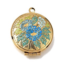 Blue 304 Stainless Steel Locket Pendants, with Enamel, Round with Flower Charms, Golden, Blue, 32x27x7mm, Hole: 1.8mm