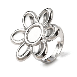 Нержавеющая Сталь Цвет Регулируемые 304 открытые манжетные кольца из нержавеющей стали, настройки кольца чашки безеля, цветок, не тускнеет, цвет нержавеющей стали, лоток : 8 мм, внутренний диаметр: 18 мм, Цветок: 29x26 мм