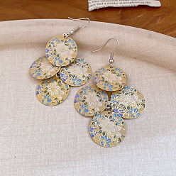 Verge D'or Pâle Boucles d'oreilles pendantes plates rondes en émail de fer pour femmes, motif de fleur, couleur inox, verge d'or pale, 70x30mm