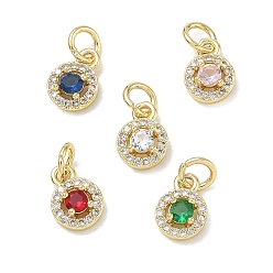 Color mezclado Micropavé de latón con circonitas cúbicas y dijes de cristal, encantos planas redondas, dorado, color mezclado, 9x7x3.5 mm, agujero: 3 mm