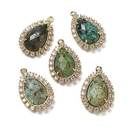 Африканский Бирюза(яшма) Подвески из натуральной африканской бирюзы (яшмы) в форме капли с огранкой, подвески-капли из латуни с микропаве из прозрачного кубического циркония, золотые, 25x16.5x5.5 мм, отверстие : 1.4 мм