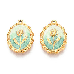 Темный Морско-зеленый 304 нержавеющей стальной эмали подвески, реальный 18 k позолоченный, овал с цветочной подвеской, ионное покрытие (ip), темно-зеленый, 21.5x15.5x3 мм, отверстие : 1.5 мм
