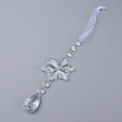 Прозрачный Хрустальная люстра призмы, снежинка и слеза, стеклянный подвесной кулон, с лентой из органзы, граненые, прозрачные, 370 мм