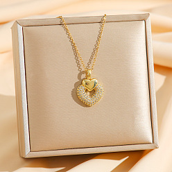 Настоящее золото 18K Ожерелья с подвесками в форме сердца из латуни с прозрачным фианитом и прозрачным фианитом, 304 из нержавеющей стали кабель цепи ожерелья, реальный 18 k позолоченный, 16.06 дюйм (40.8 см)