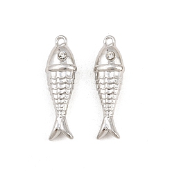 Platine Alliage avec pendentifs en strass cristal, charmes de poissons, crémaillère plaquage, platine, 26x8x6.5mm, Trou: 1.2mm