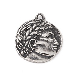 Antik Silber Farbe 304 Edelstahl Anhänger, flach rund mit Menschenkopf, Antik Silber Farbe, 21x19x3 mm, Bohrung: 1.8 mm